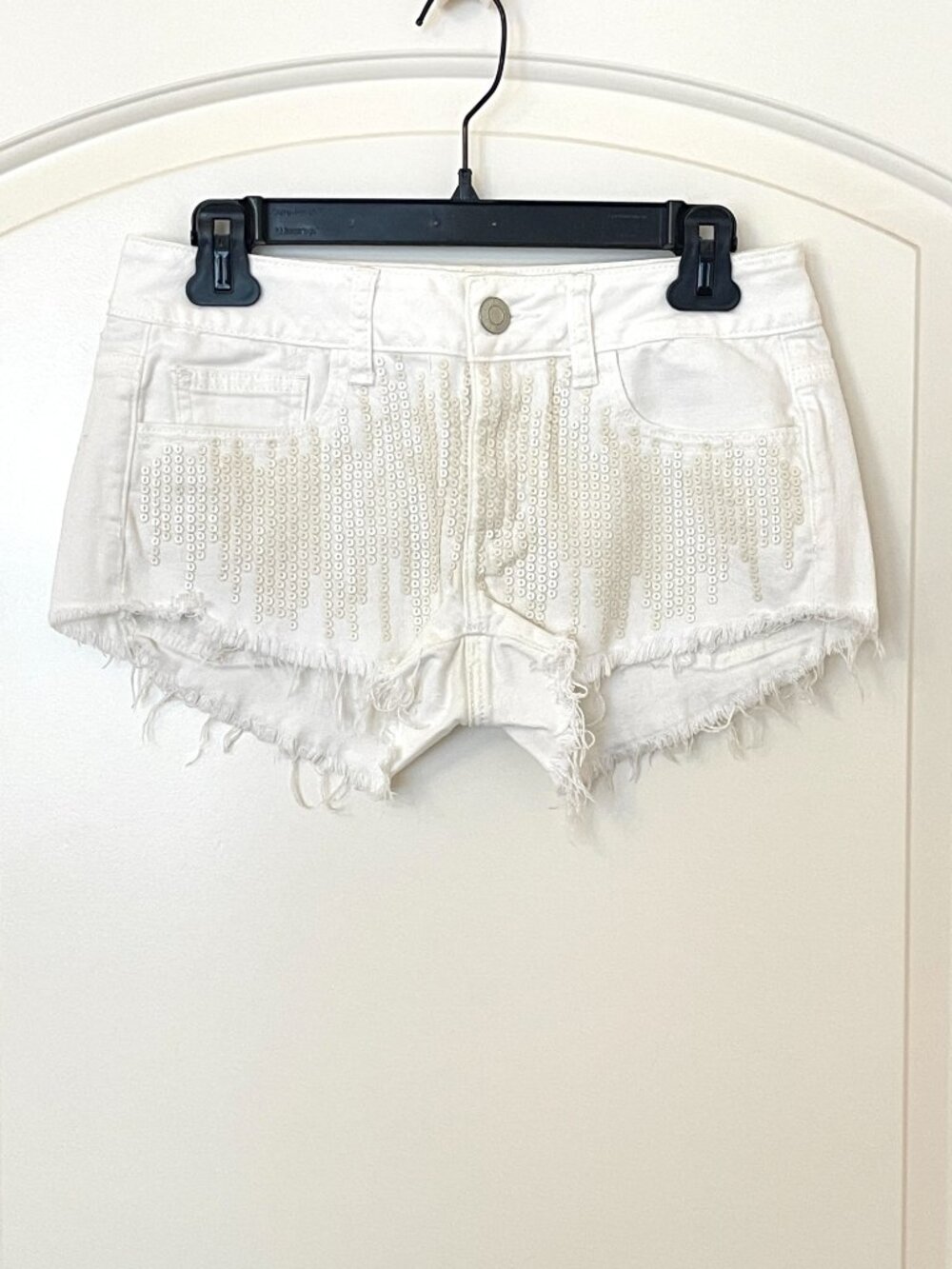 American Eagle Shorts White Stretch Jean Denim Sequin Front Distressed 2